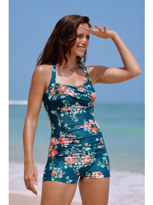 Floral Halter Strap Sweetheart Neck Ruching Tummy Control Casual One-Piece Swimsuit