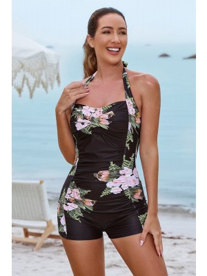 Black Floral Halter Strap Twist Front Ruching Tummy Control Casual One-Piece Swimsuit