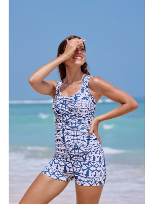 Geometric Scoop Neck Tummy Control Casual One-Piece Swimsuit