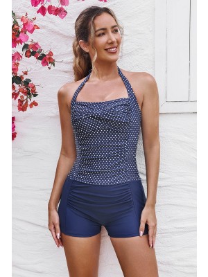 Blue Polka Dot Halter Strap Twist Front Ruching Tummy Control Casual One-Piece Swimsuit