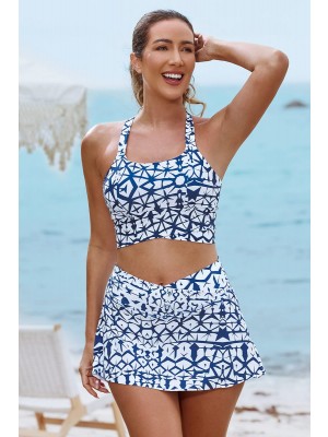 White Geometric Square Neck Wide Straps Bikini Top And High-Waist Skirt Set
