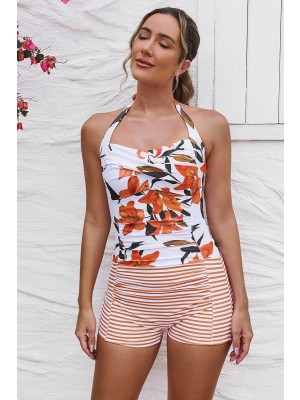 Striped & Floral Halter Strap Twisted Front Ruching Tummy Control Casual One-Piece Swimsuit