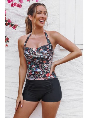 Black Floral Halter Strap Twist Front Ruching Tummy Control Casual One-Piece Swimsuit