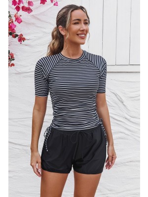 Black Stripe Round Neck Short Sleeves Zipper Back Side Drawstring Tankini Top And High-Waist Boy Shorts Set