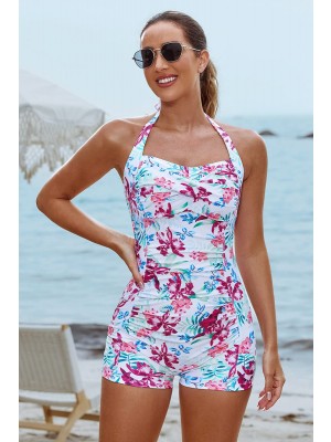Red Floral Halter Strap Twisted Front Ruching Tummy Control Casual One-Piece Swimsuit