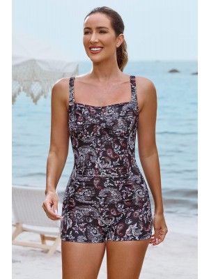 Black Floral Adjustable Straps Sweetheart Neck Twisted Front Ruching Tummy Control Casual One-Piece Swimsuit
