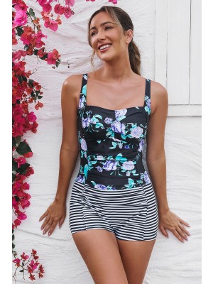 Floral & Stripe Adjustable Straps Twisted Front Ruching Tummy Control Casual One-Piece Swimsuit