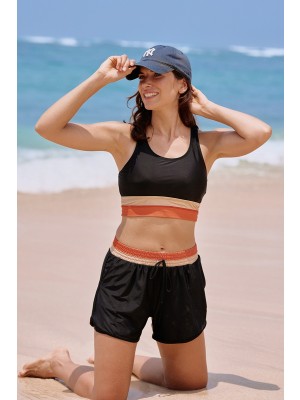 Black Color Block Square Neck Wide Straps Sporty Bikini Top And High-waist Boy Shorts