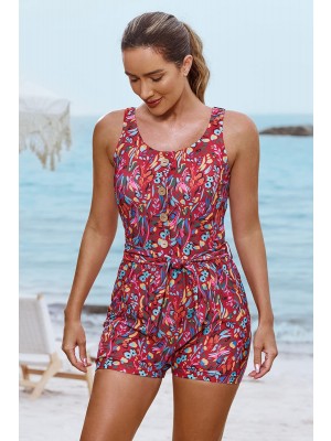 Red Floral Scoop Neck Wide Straps Button Belt One-Piece Swimsuit