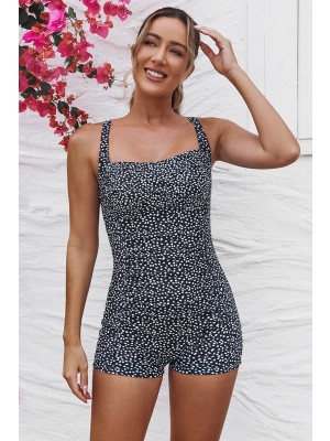 Black Polka Dot Adjustable Straps Twist Front Ruching Tummy Control Casual One-Piece Swimsuit