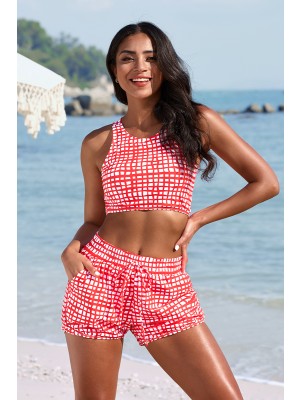 Red Plaid Scoop Neck Sporty Bikini Top With High-waist Boy Shorts Set