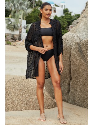 Black Collar Neck Embroidery Buttoned Elbow Sleeves Cover Up