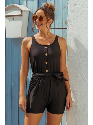 Solid Black Scoop Neck Button Belt One-Piece Swimsuit