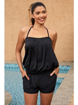 Solid Black Bandeau Strappy Loose Tankini Set