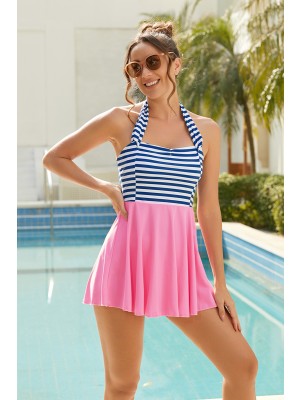 Striped SelfTie Halter Strap Sweetheart Neck Swimdress