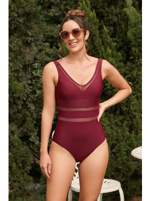 Red V-Neck Mesh Backless One-Piece Swimsuit