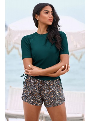 Dark Green Round Neck Sleeves Zipper Back Side Drawstring Tankini Top And Floral High-Waist Boy Shorts Set