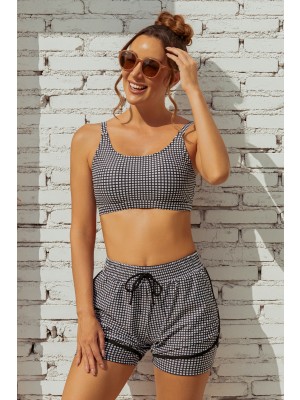 Black Plaid Print Square Neck Adjustable Straps Sporty Bikini Top And High-waist Boy Shorts