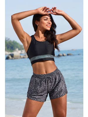 Black Color block Scoop Neck Wide Straps Sporty Zipper Bikini Top And High-waist Boy Shorts Set