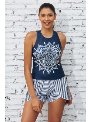 Geometric Pattern Scoop Neck Sporty Tankini Top And Boy Shorts Set