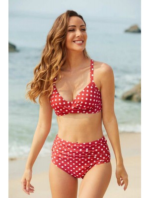 Red High-waist Polka Dot Twist Front Bikini Set