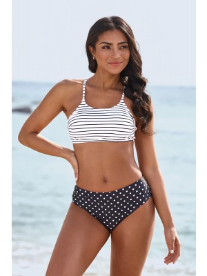 White Striped Scoop Neck Crossback Bikini Set