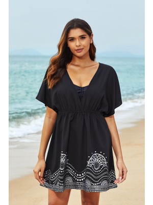 Black Geometric Print V Neck Short Sleeves Cover Up
