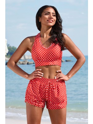 Red Polka Dot V-Neck Sporty Bikini Top And High-waist Boy Short