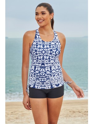 Blue Unique Geometric Pattern Scoop Neck Drawstring Sides Sporty Tankini Set
