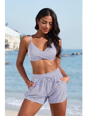 Striped Sweetheart Neck Adjustable Strap Twist Front Bikini Top And High-waist Boy Shorts Set