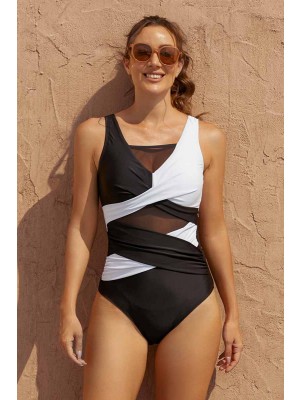 Black And White V-Neck Wide Straps Mesh One-Piece Swimsuit