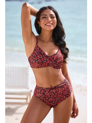 Red Floral Adjustable Strap Sweetheart Neck Twist Front Crossback Tummy Control Bikini Set