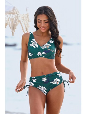 Green Floral V-neck Twist Front Strappy Bikini Top And Drawstring Bottom Set
