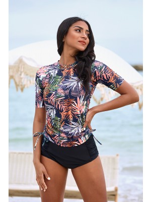 Colorful Leaf High Neck Sleeves Zipper Back Side Drawstring Tankini Top And Ruching Bottom