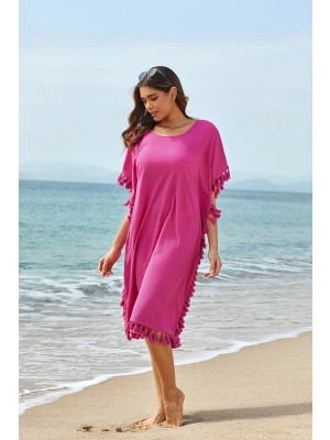 Solid Red Scoop Neck Tassel Edge Batwing Sleeve Loose Beach Dress