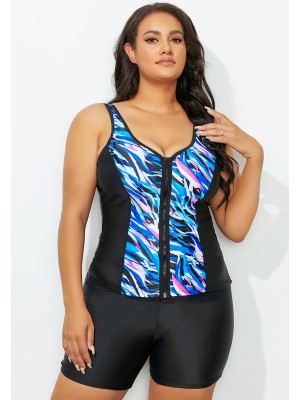 Black Wide Straps Zip Front Sporty Tankini Set