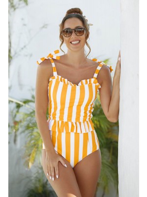 Ruffle Yellow & White Striped Tankini Set