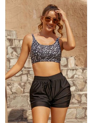Black Floral Square Neck Adjustable Straps Sporty Bikini Top And High-waist Boy Shorts