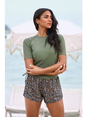 Green Round Neck Sleeves Zipper Back Side Drawstring Tankini Top And Floral High-Waist Boy Shorts Set