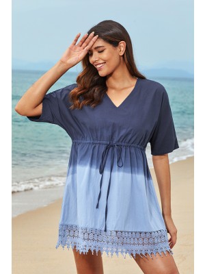 Blue VNeck Lace Hem Drawstring Tie Beach Dress with Sleeves