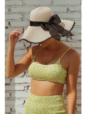 White Wide Brim Straw Sun Hat With Bow Tie