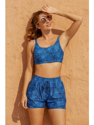 Deep Blue Floral Square Neck Adjustable Straps Sporty Bikini Top And High-waist Boy Shorts