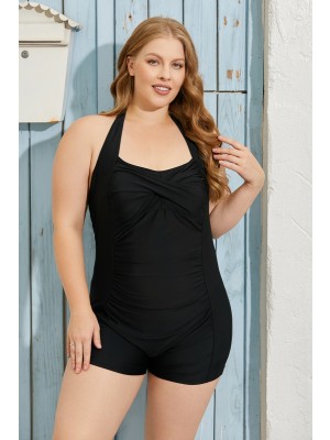 Solid Black Halter Strap Sweetheart Neck Ruching Tummy Control Boyleg Casual One-Piece Swimsuit