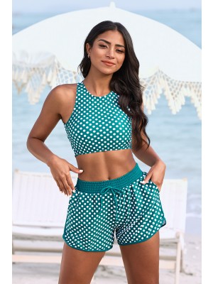 Green Polka Dots Scoop Neck Sporty Bikini Top With High-waist Boy Shorts Set