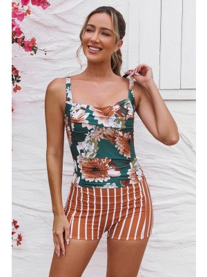 Colorful Floral & Orange Stripe Adjustable Straps Sweetheart Neck Ruching Tummy Control Casual One-Piece Swimsuit