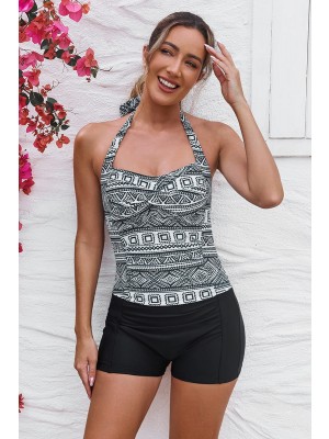 Black Geometric Halter Strap Twisted Front Ruching Tummy Control Casual One-Piece Swimsuit