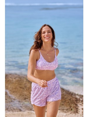 Pink Floral Scoop Neck Adjustable Spaghetti Strap Basic Bikini Top And High-waist Boy Shorts