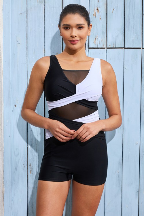 Black&White Mesh V Neck Twist Front OnePiece Swimsuit