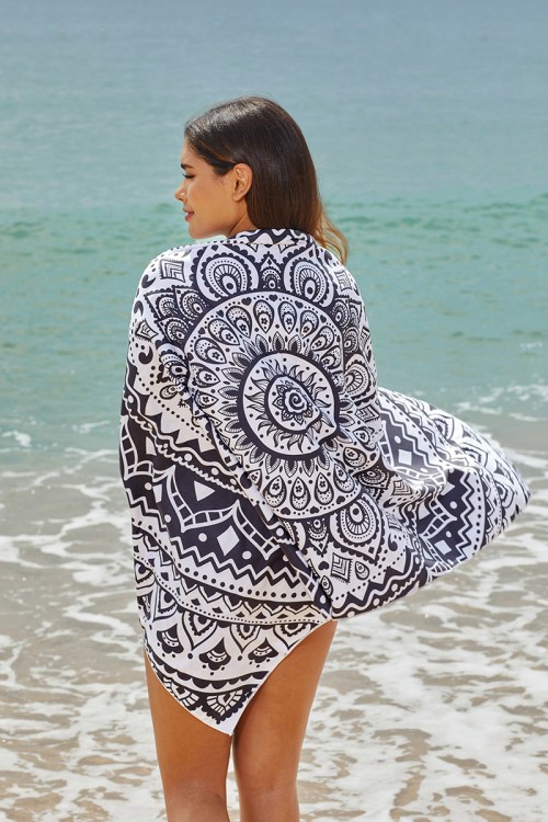 Black Floral Print Beach Towel