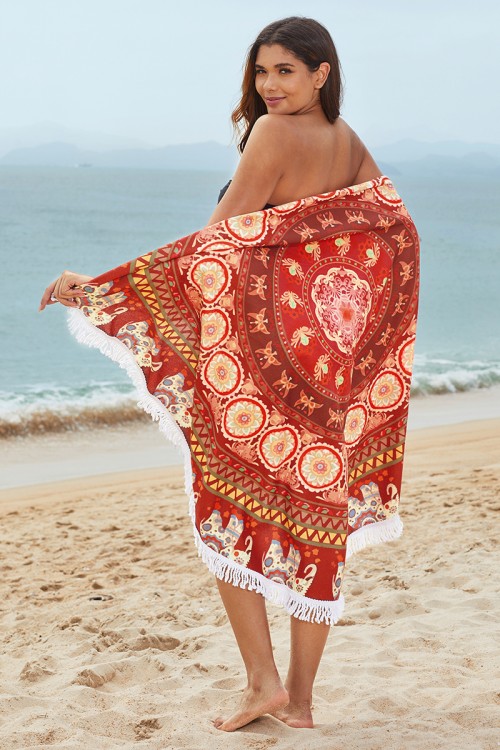 Red Floral Print Tassel Beach Towel